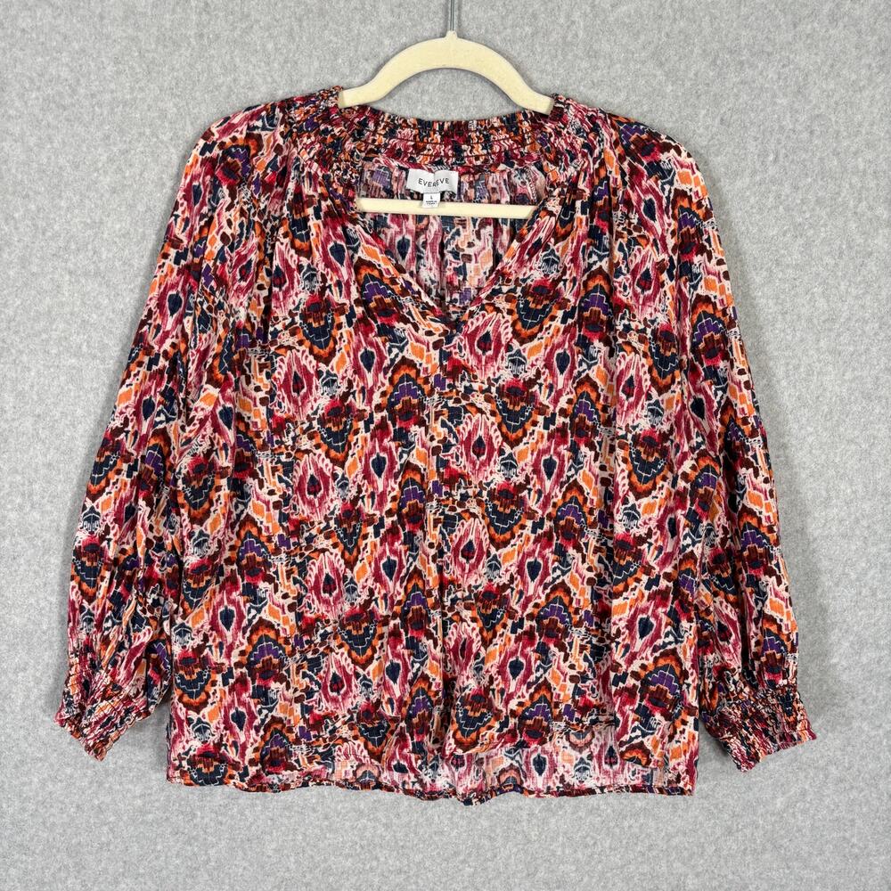 Evereve Smocked Flowy Blouse Large Aztec Southwestern Boho Sonja Ikat Cotton